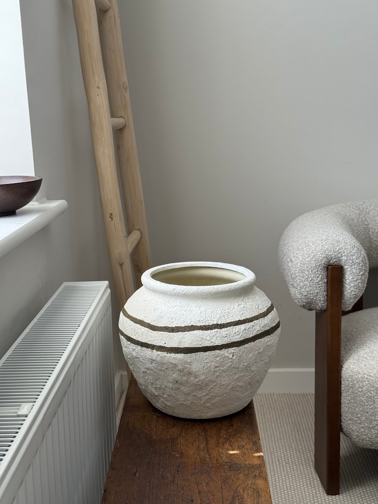 Up-cycled | large round textured line detail white urn