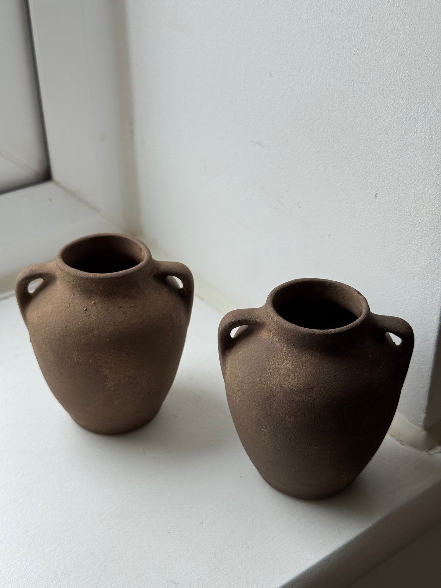 Up-cycled | mini dark earthy brown twin-handled urns