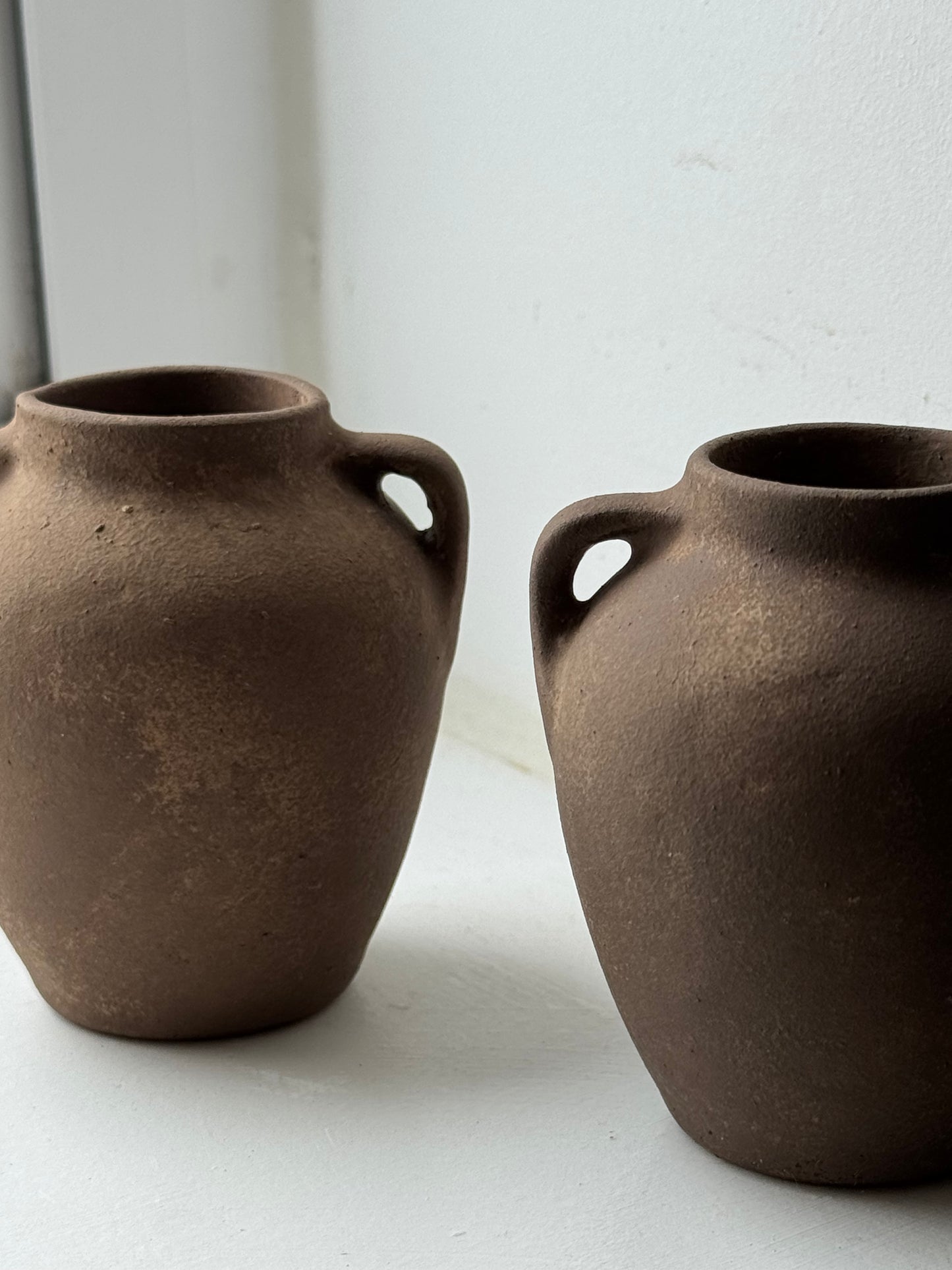 Up-cycled | mini dark earthy brown twin-handled urns