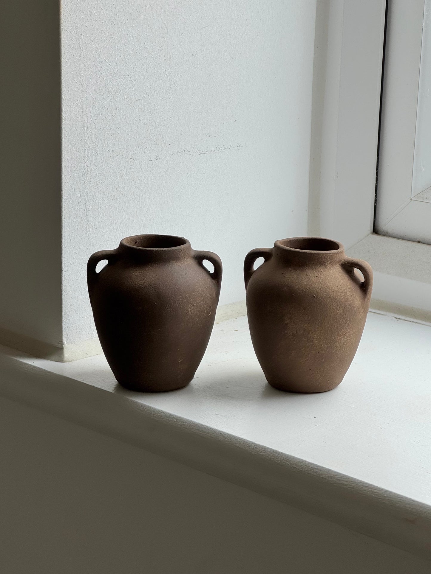 Up-cycled | mini dark earthy brown twin-handled urns