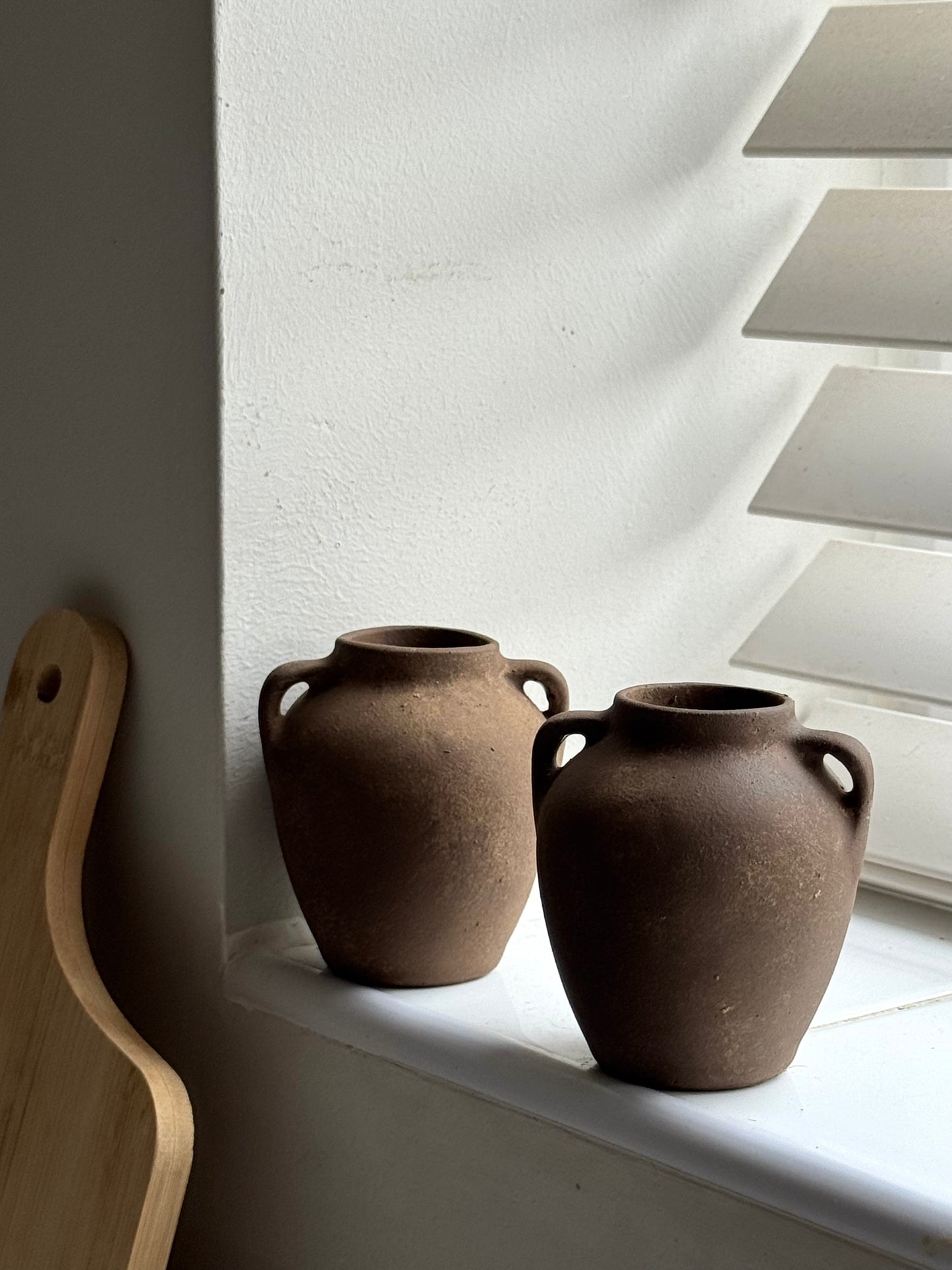 Up-cycled | mini dark earthy brown twin-handled urns