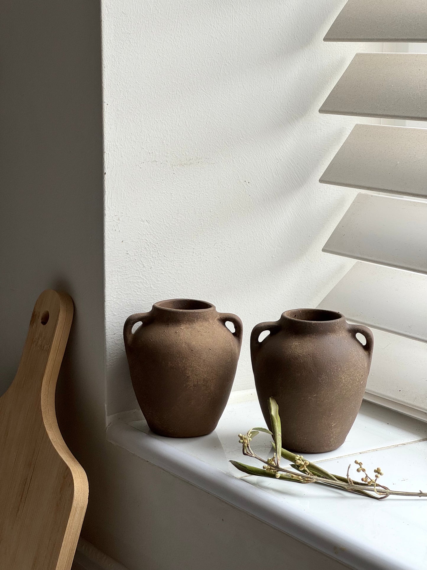 Up-cycled | mini dark earthy brown twin-handled urns