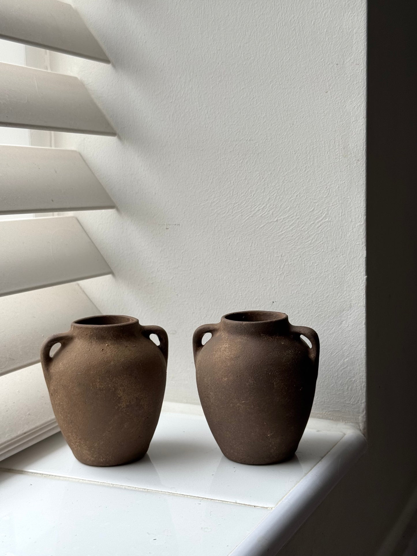 Up-cycled | mini dark earthy brown twin-handled urns