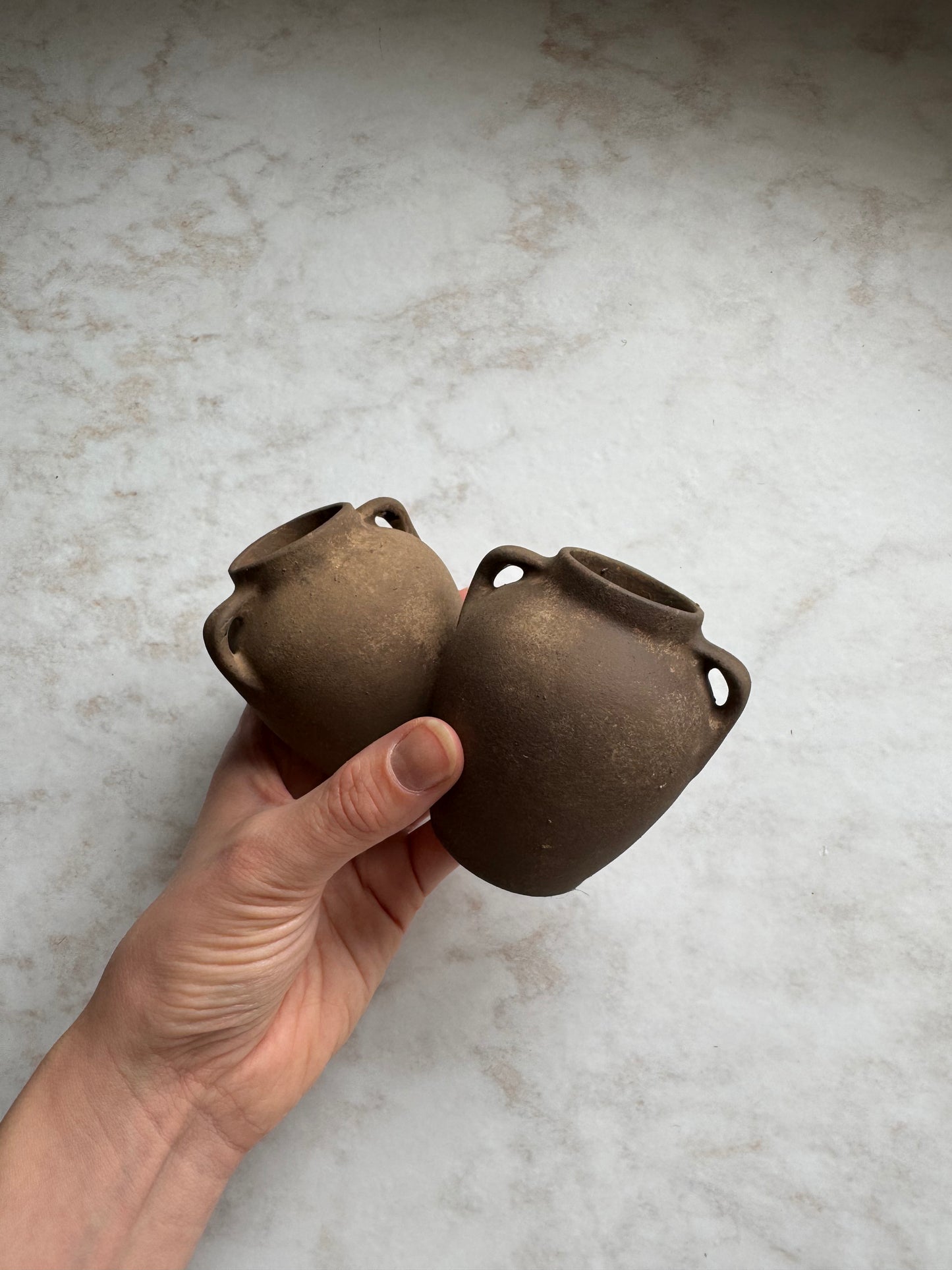 Up-cycled | mini dark earthy brown twin-handled urns
