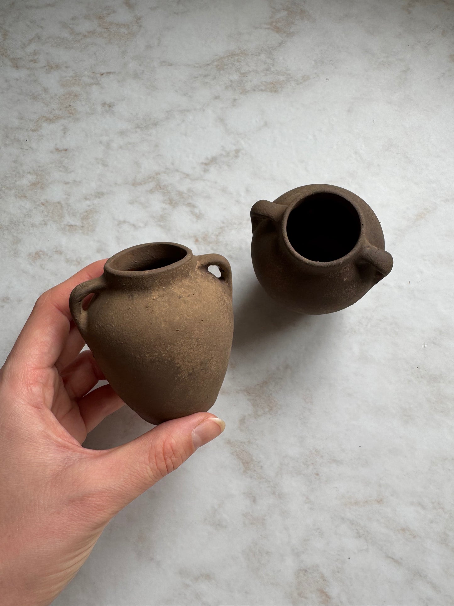 Up-cycled | mini dark earthy brown twin-handled urns