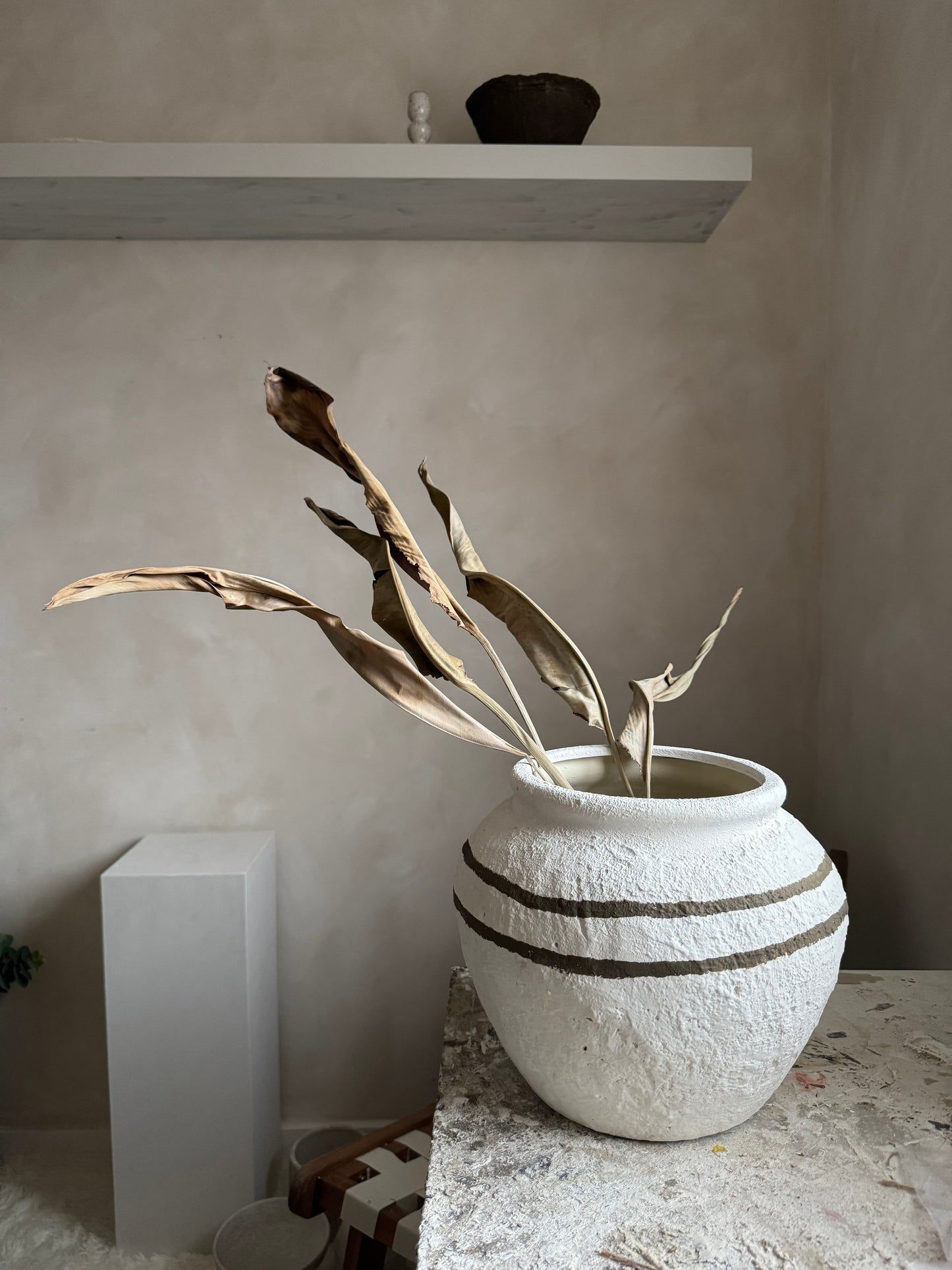 CLOUD | large round textured line detail white urn