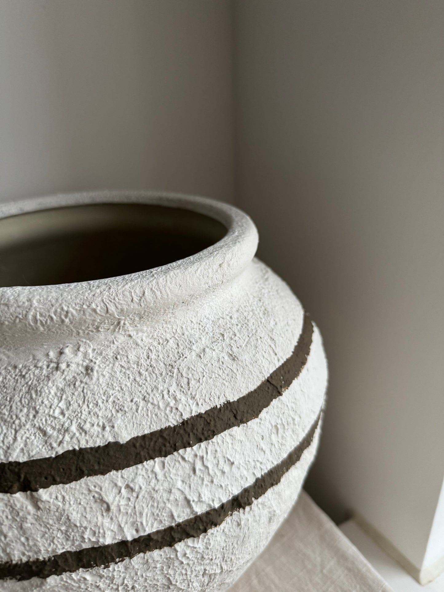 Up-cycled | large round textured line detail white urn