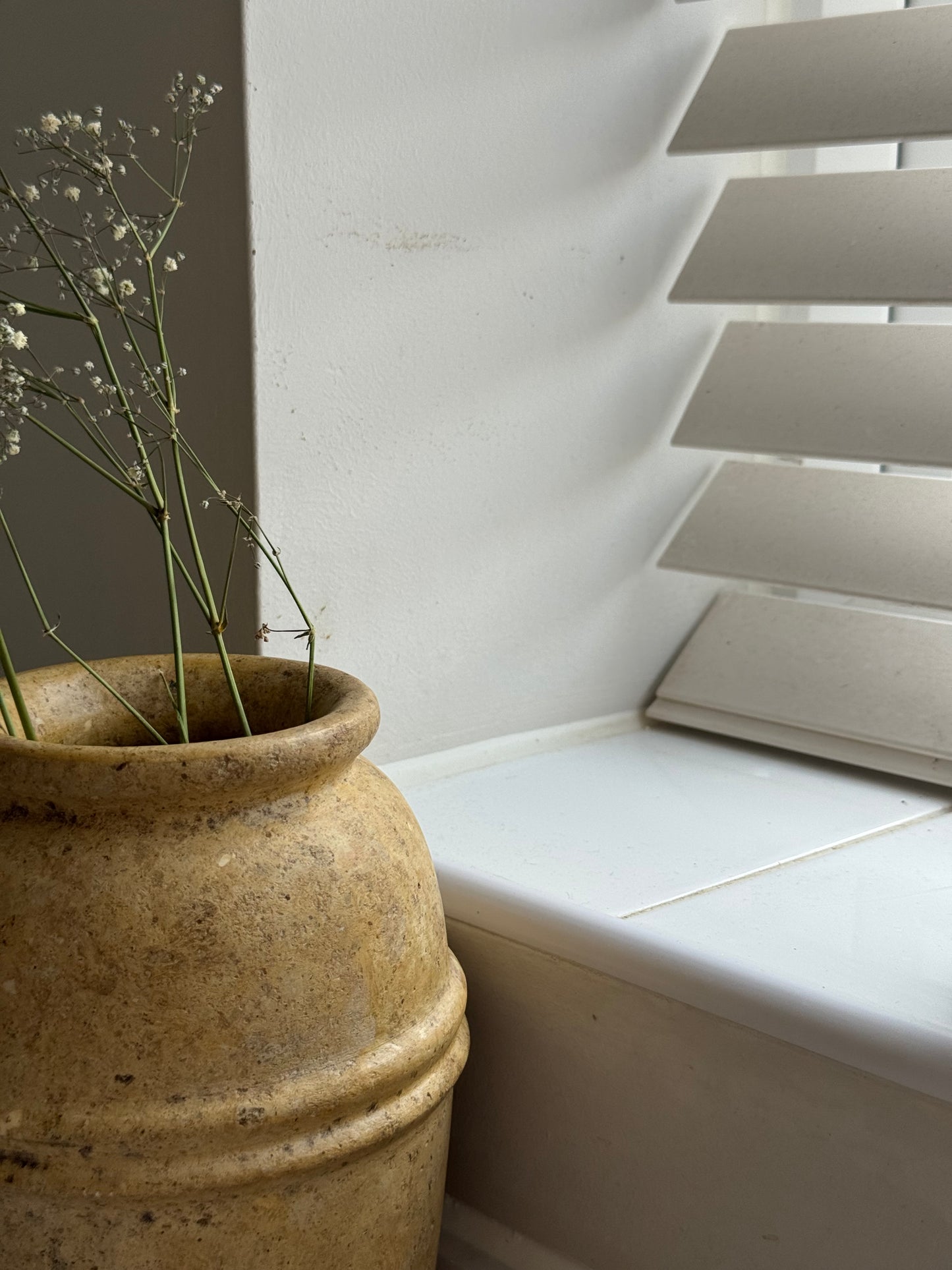 Vintage travertine stoneware vase with line detail