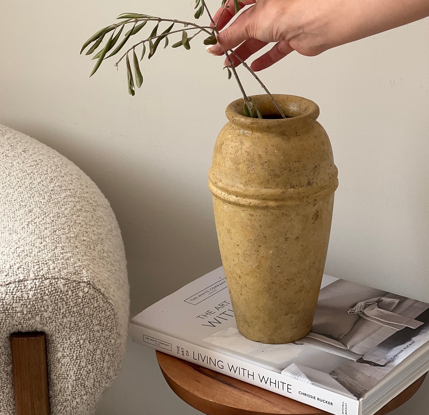 Vintage travertine stoneware vase with line detail