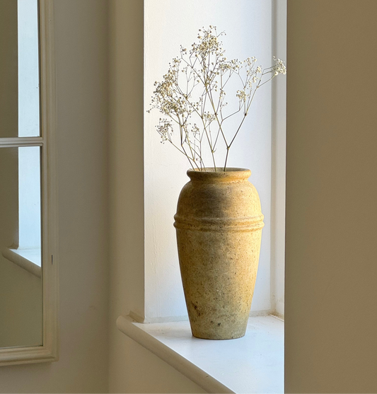 Vintage travertine stoneware vase with line detail