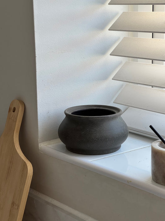 Up-cycled  |  low dark earthy brown decorative pot