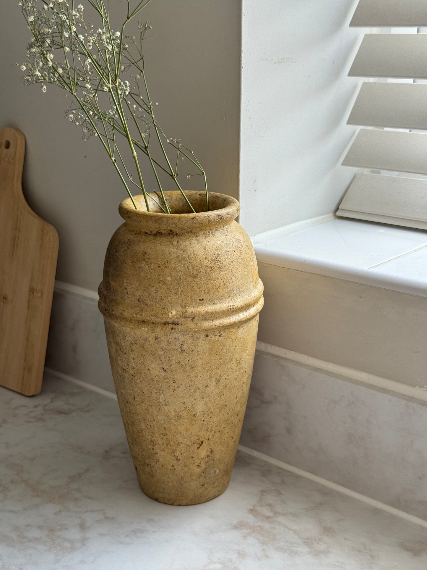 Vintage travertine stoneware vase with line detail
