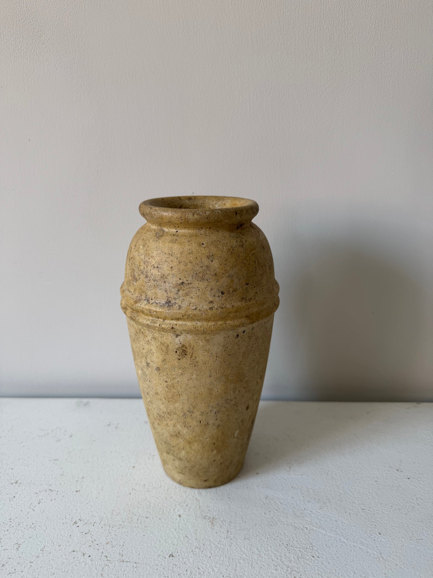 Vintage travertine stoneware vase with line detail