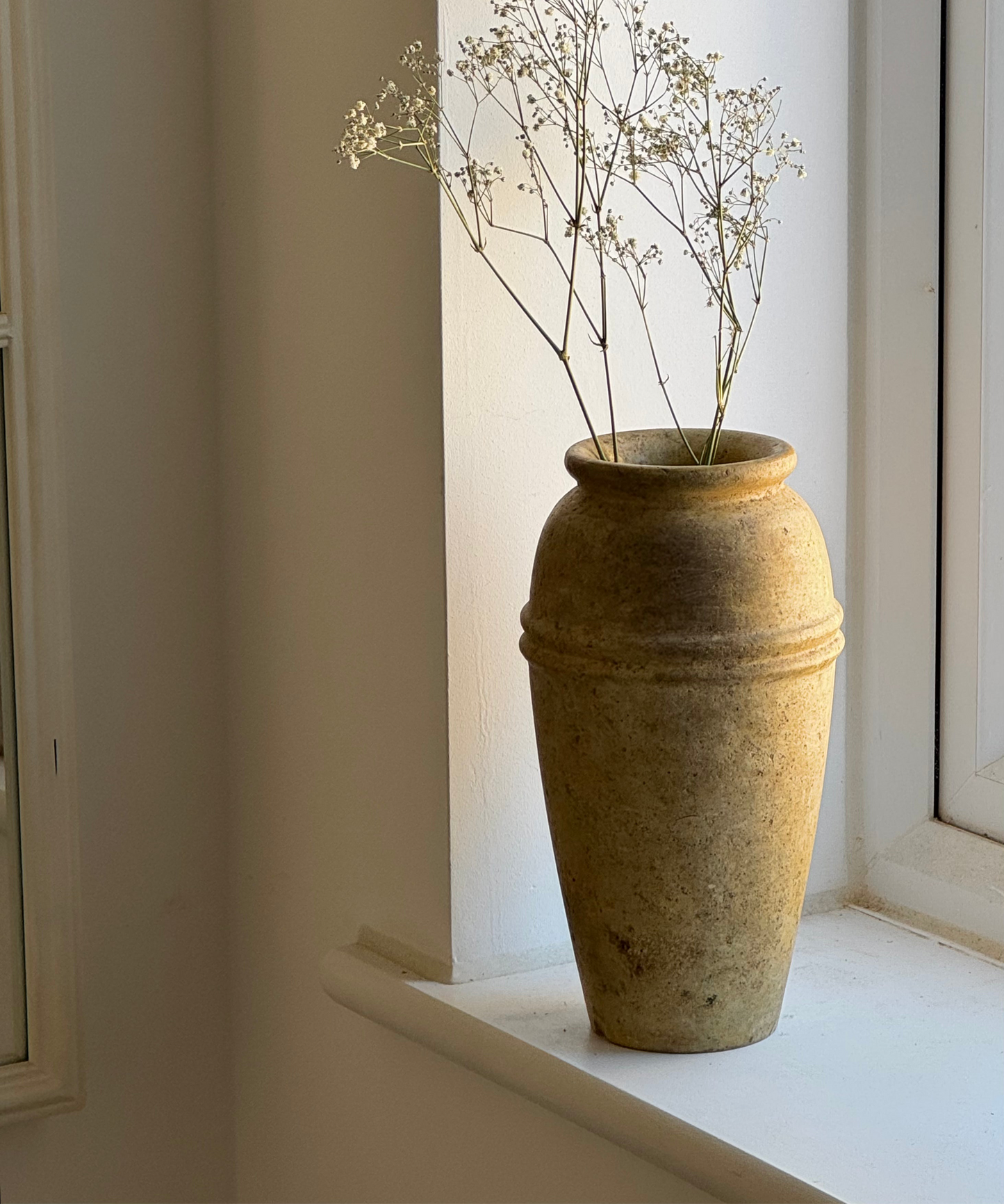 Vintage travertine stoneware vase with line detail
