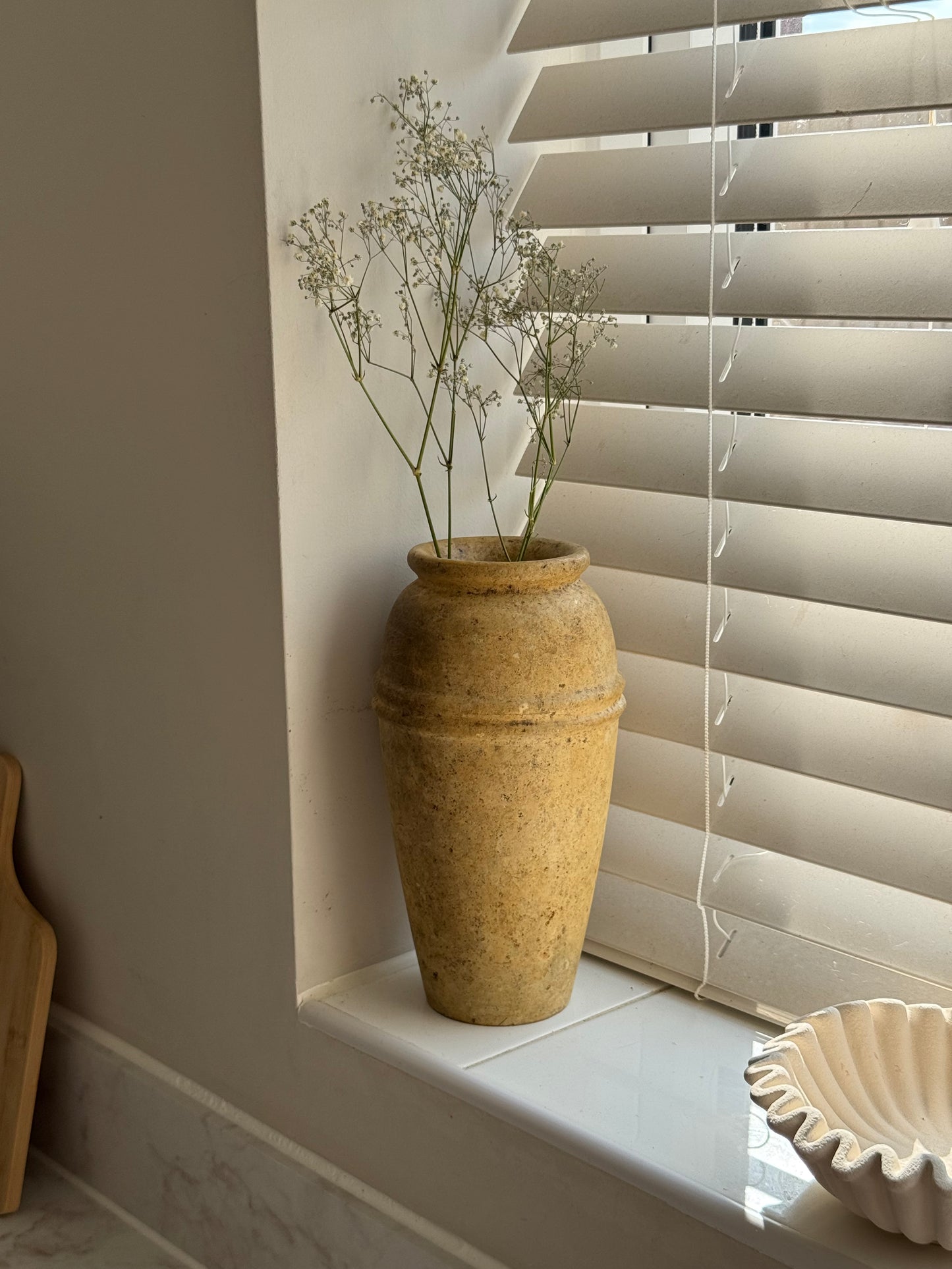 Vintage travertine stoneware vase with line detail