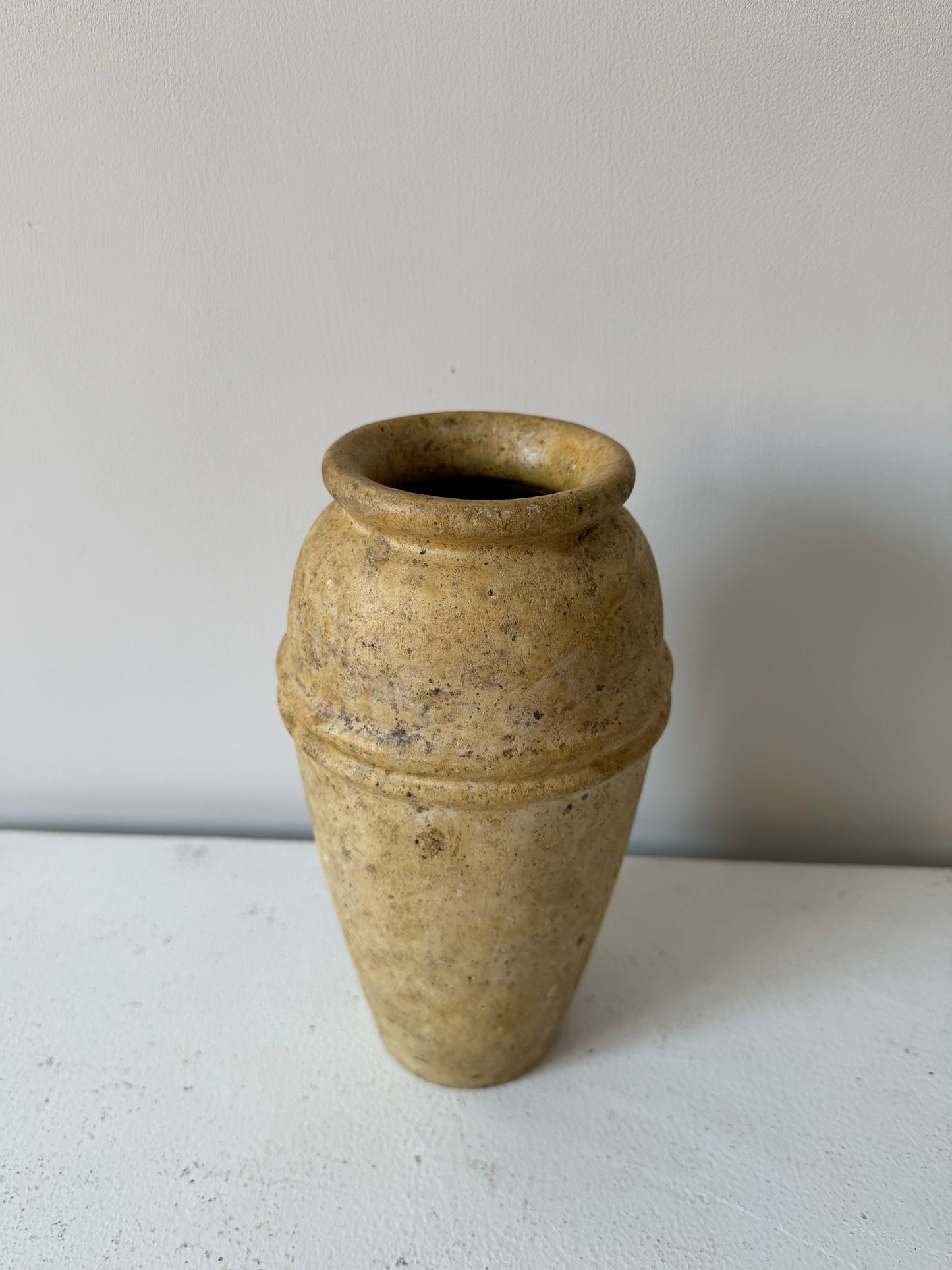 Vintage travertine stoneware vase with line detail