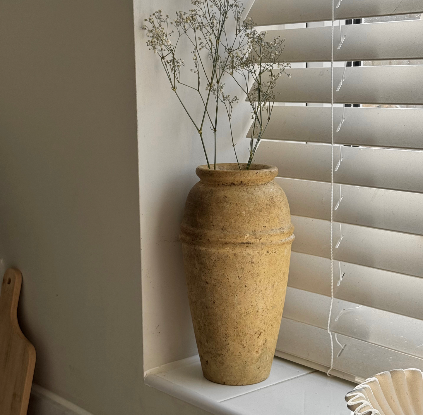 Vintage travertine stoneware vase with line detail
