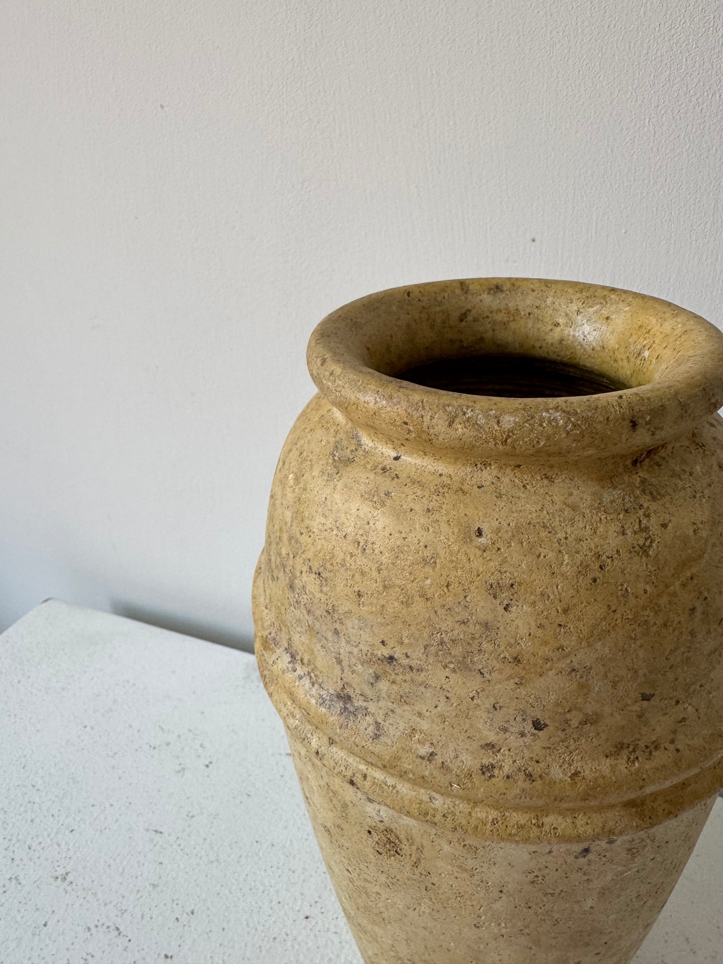 Vintage travertine stoneware vase with line detail