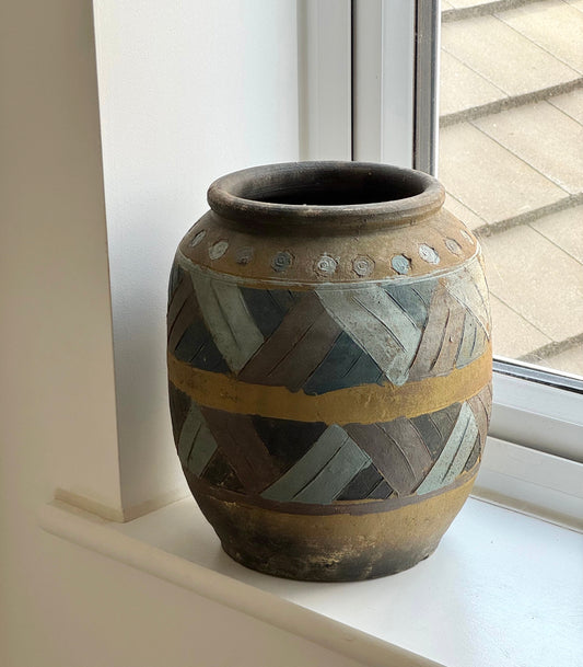 Large Vintage Geometric Rounded Pot