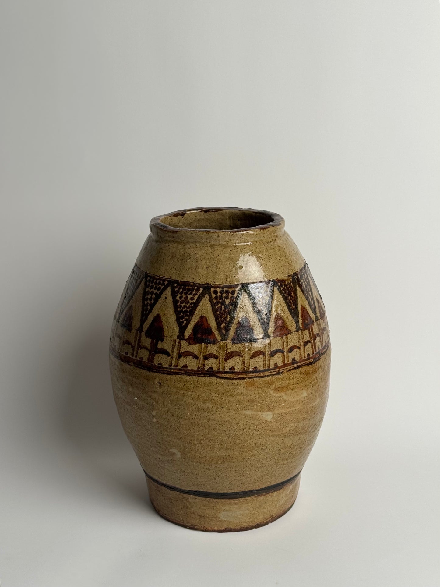 Antique Geometric Large Glazed Stoneware Pot