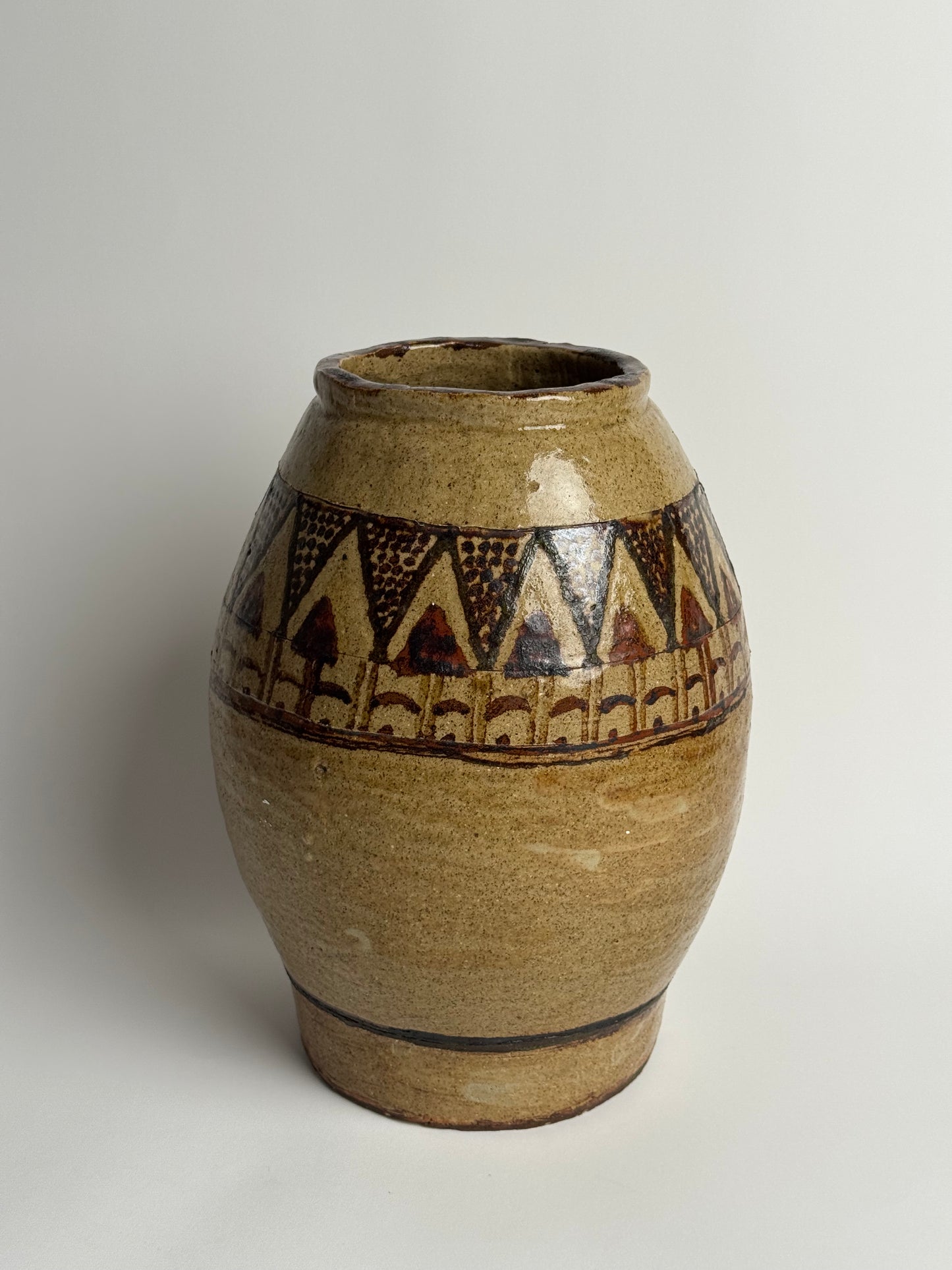 Antique Geometric Large Glazed Stoneware Pot