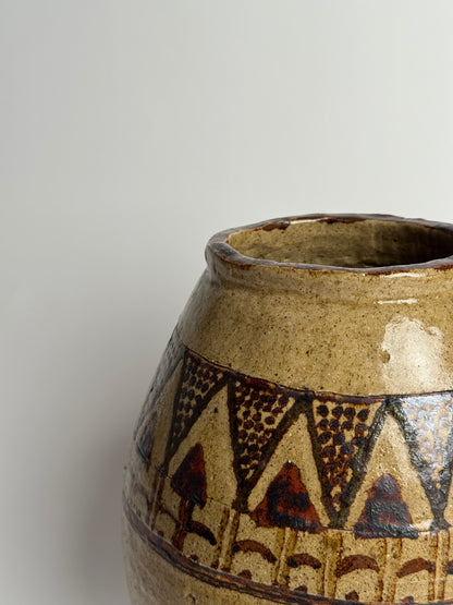 Antique Geometric Large Glazed Stoneware Pot