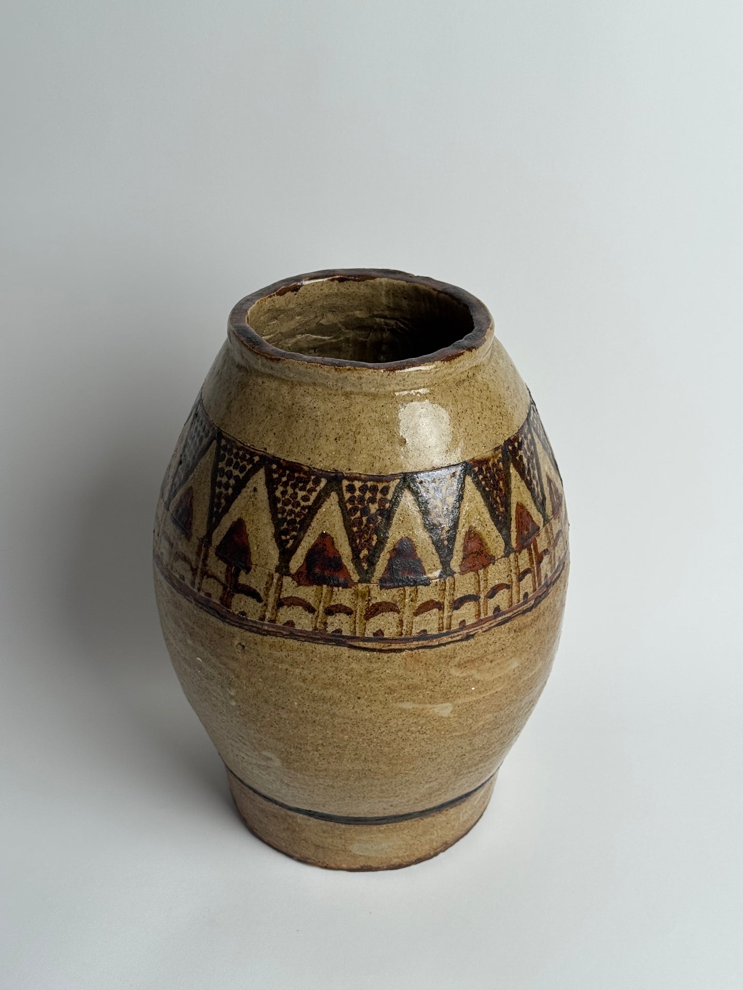 Antique Geometric Large Glazed Stoneware Pot