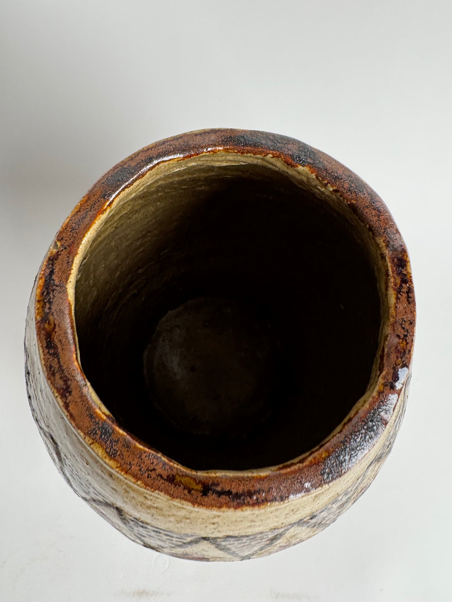 Antique Geometric Large Glazed Stoneware Pot