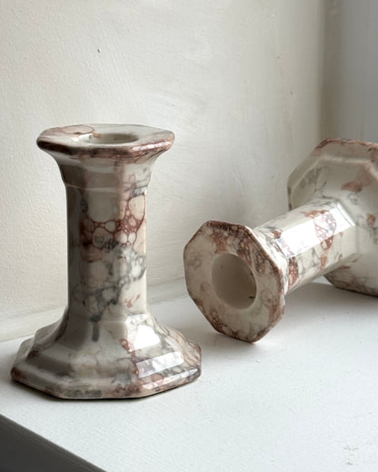 Pair of Marble Look Ceramic Candle Holders