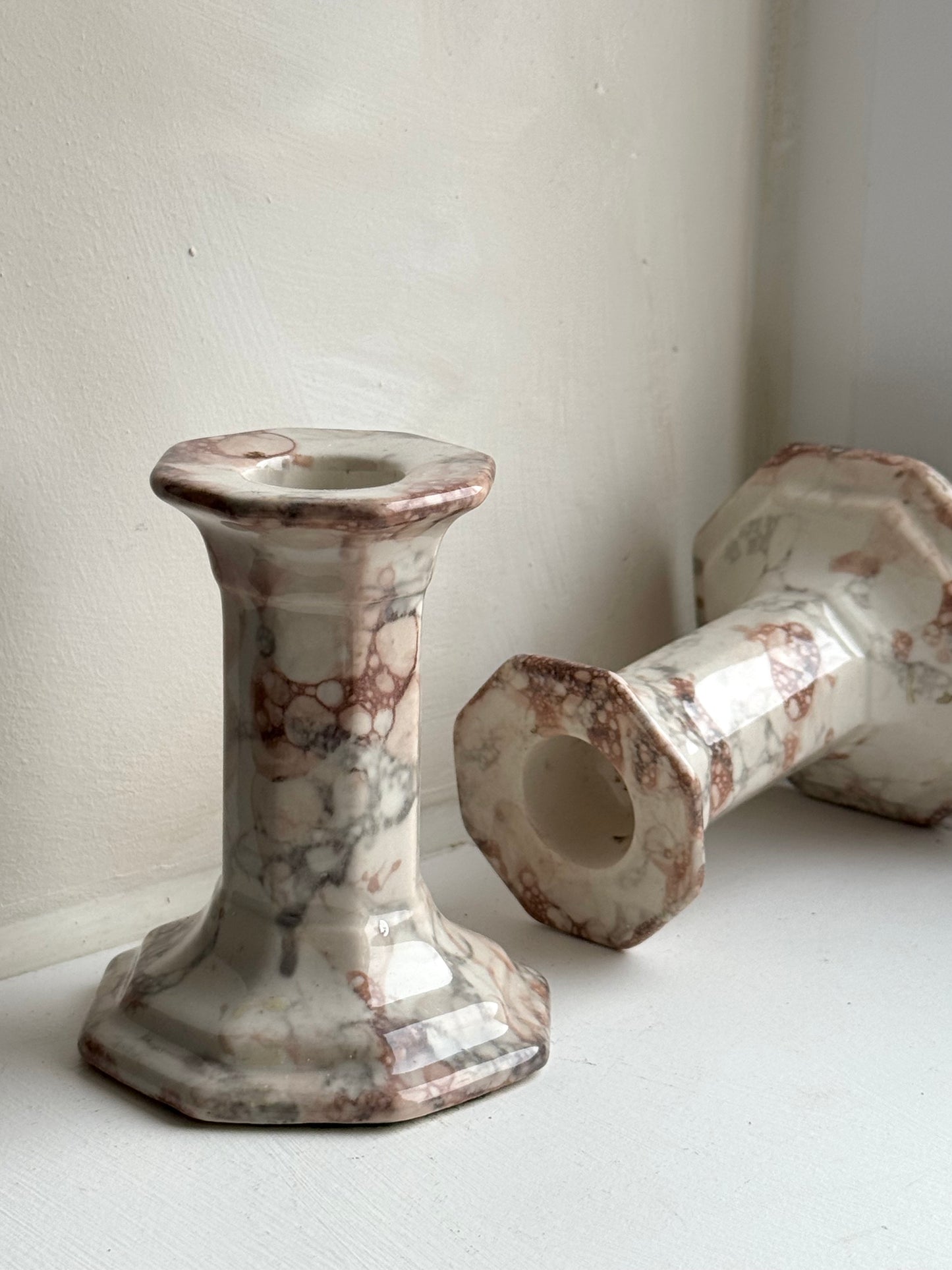Pair of Marble Look Ceramic Candle Holders