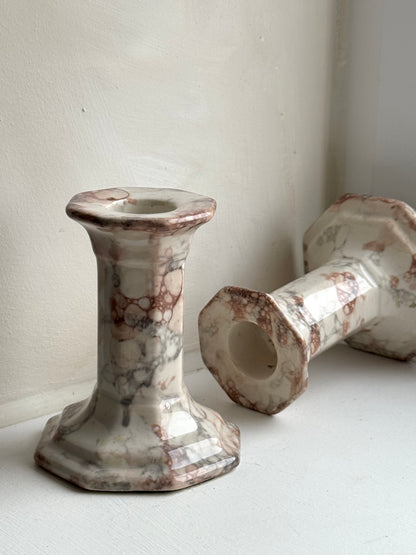 Pair of Marble Look Ceramic Candle Holders