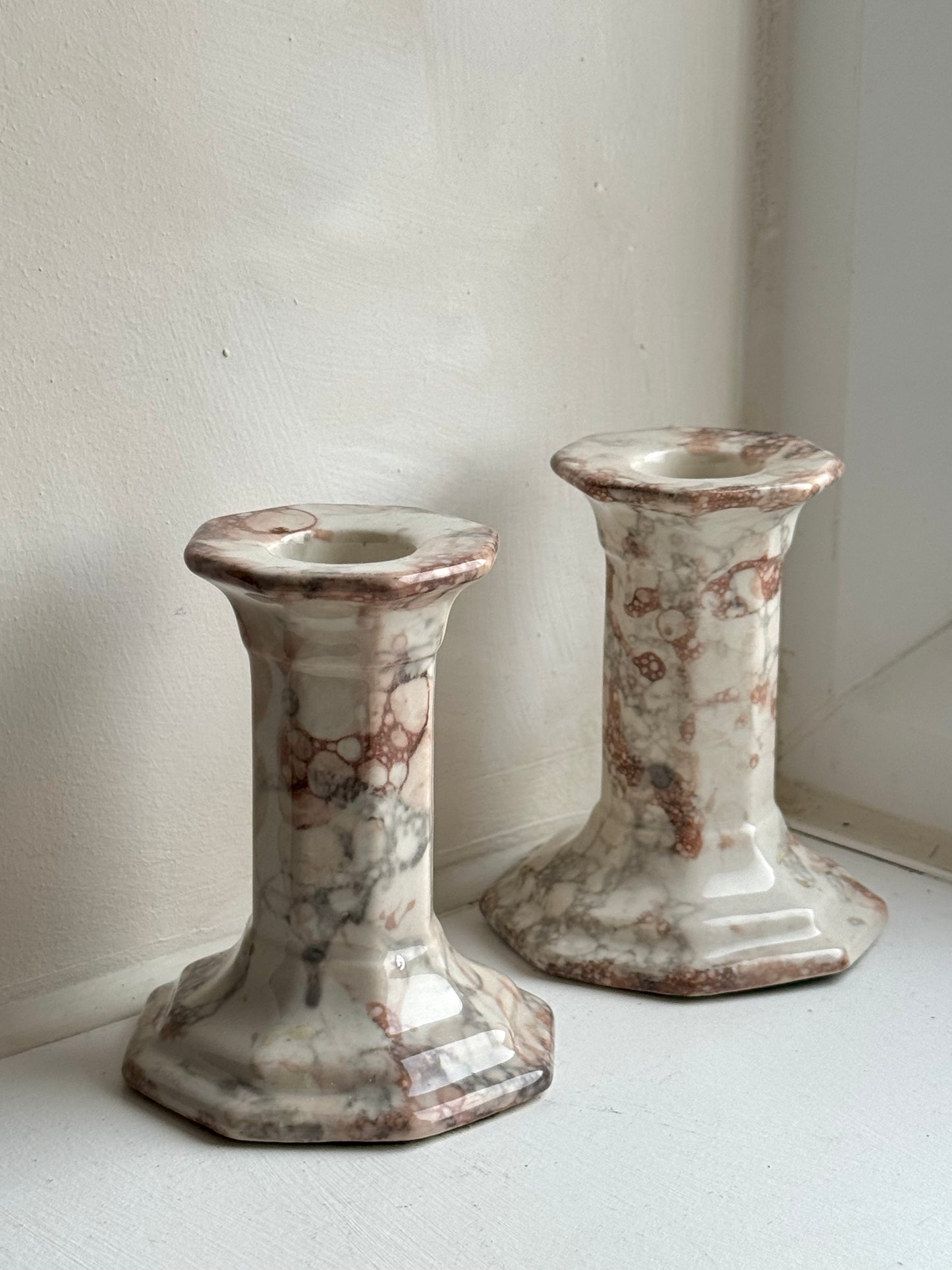 Pair of Marble Look Ceramic Candle Holders
