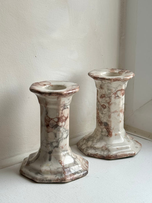 Pair of Marble Look Ceramic Candle Holders