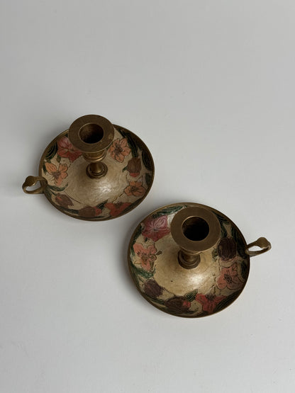 Vintage Floral Brass Candle Holders