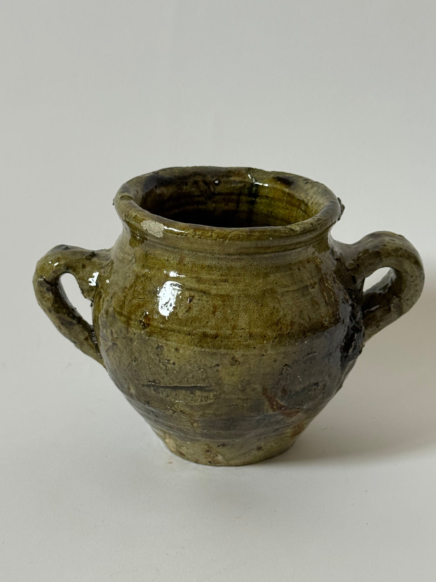 Small Twin Handle Olive Glaze Pot