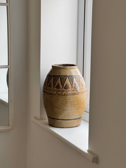Antique Geometric Large Glazed Stoneware Pot