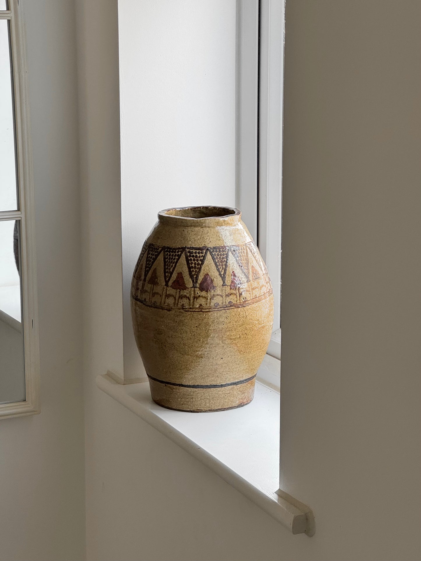 Antique Geometric Large Glazed Stoneware Pot