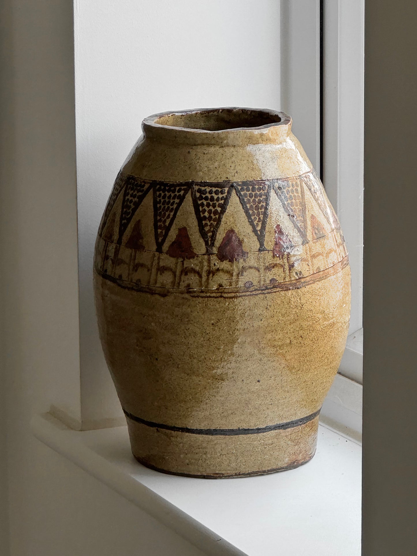 Antique Geometric Large Glazed Stoneware Pot