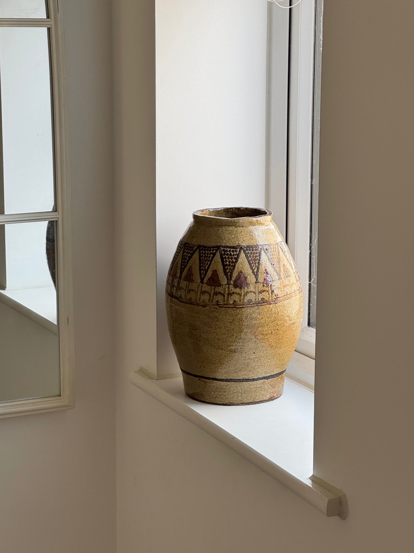 Antique Geometric Large Glazed Stoneware Pot