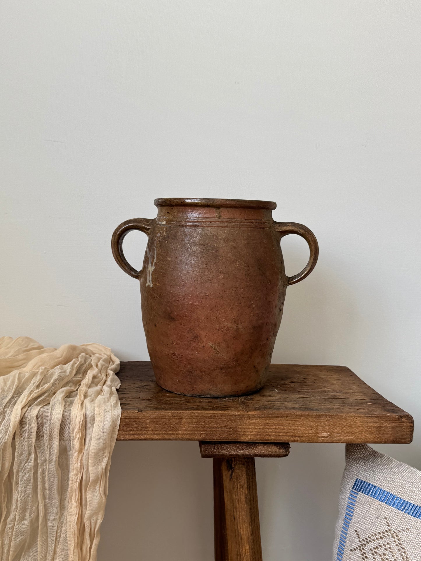 Vintage French Earthenware Twin Loop Handled Pot