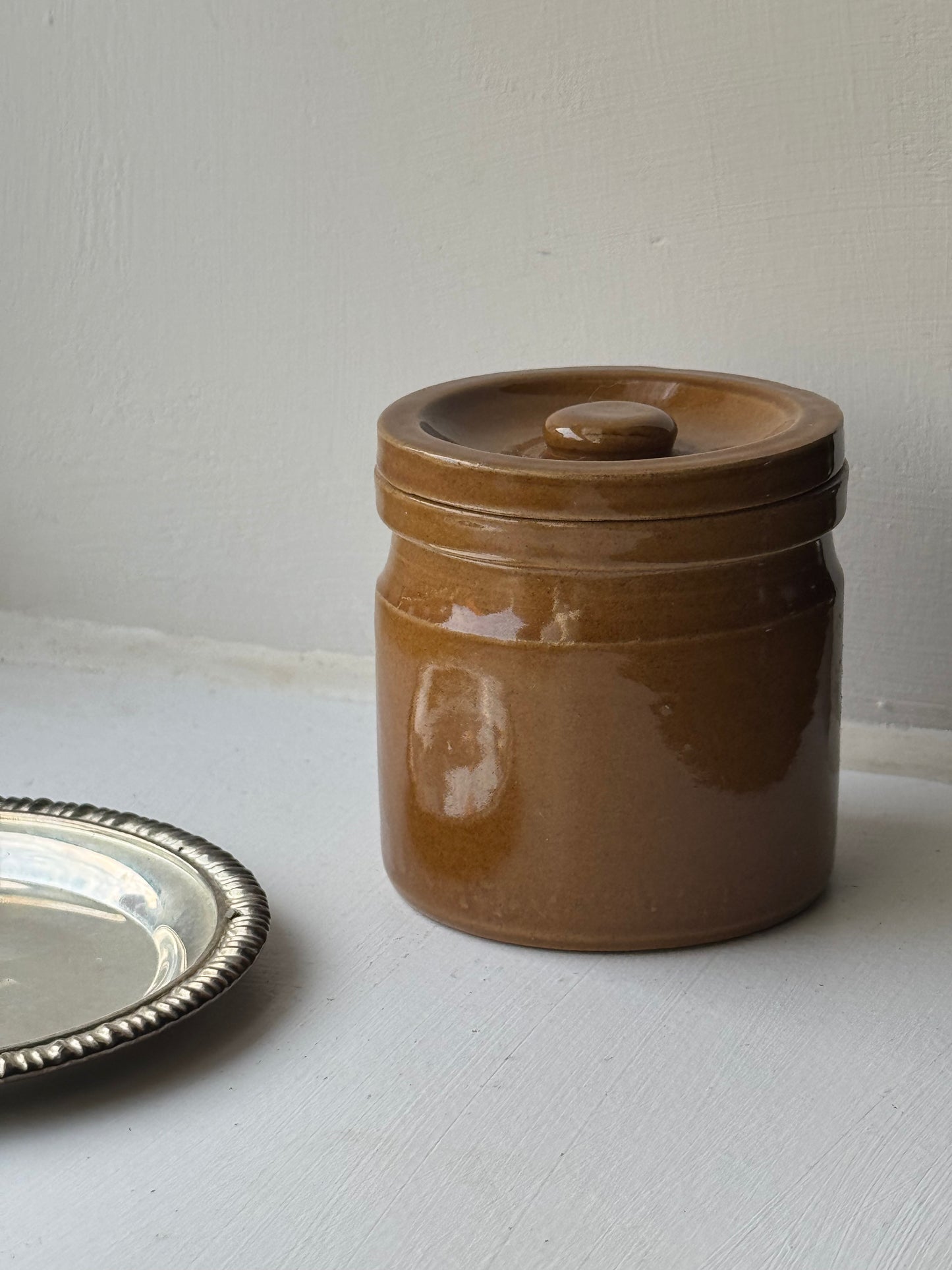 Vintage Mustard Brown Lidded Storage Jar